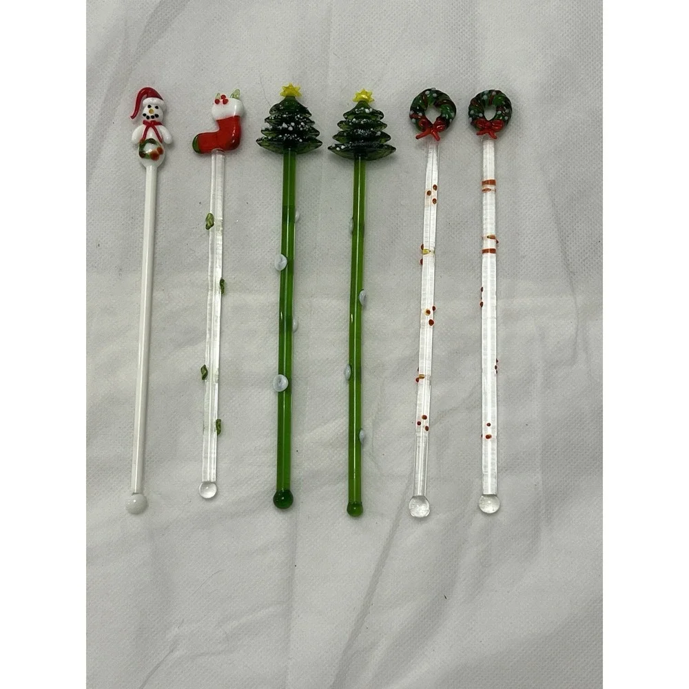 Vintage Hand Blown Glass Christmas Swizzle Sticks Cocktail Stirrers Set of 6
